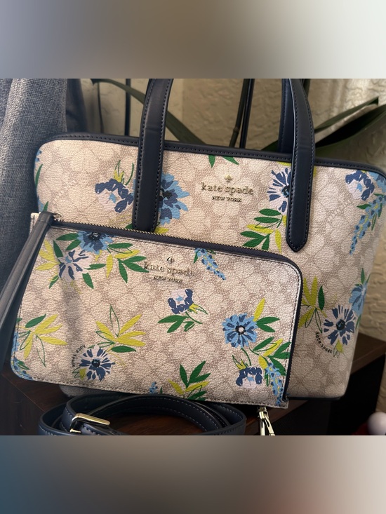 kate spade Handbags - kate spade Beige Floral Tote with Navy Trim and Blue Accents